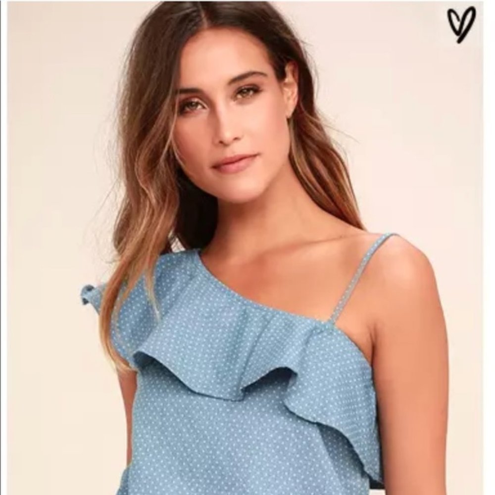 J.O.A. Blue Chambray One-Shoulder Polkadot Top XS
